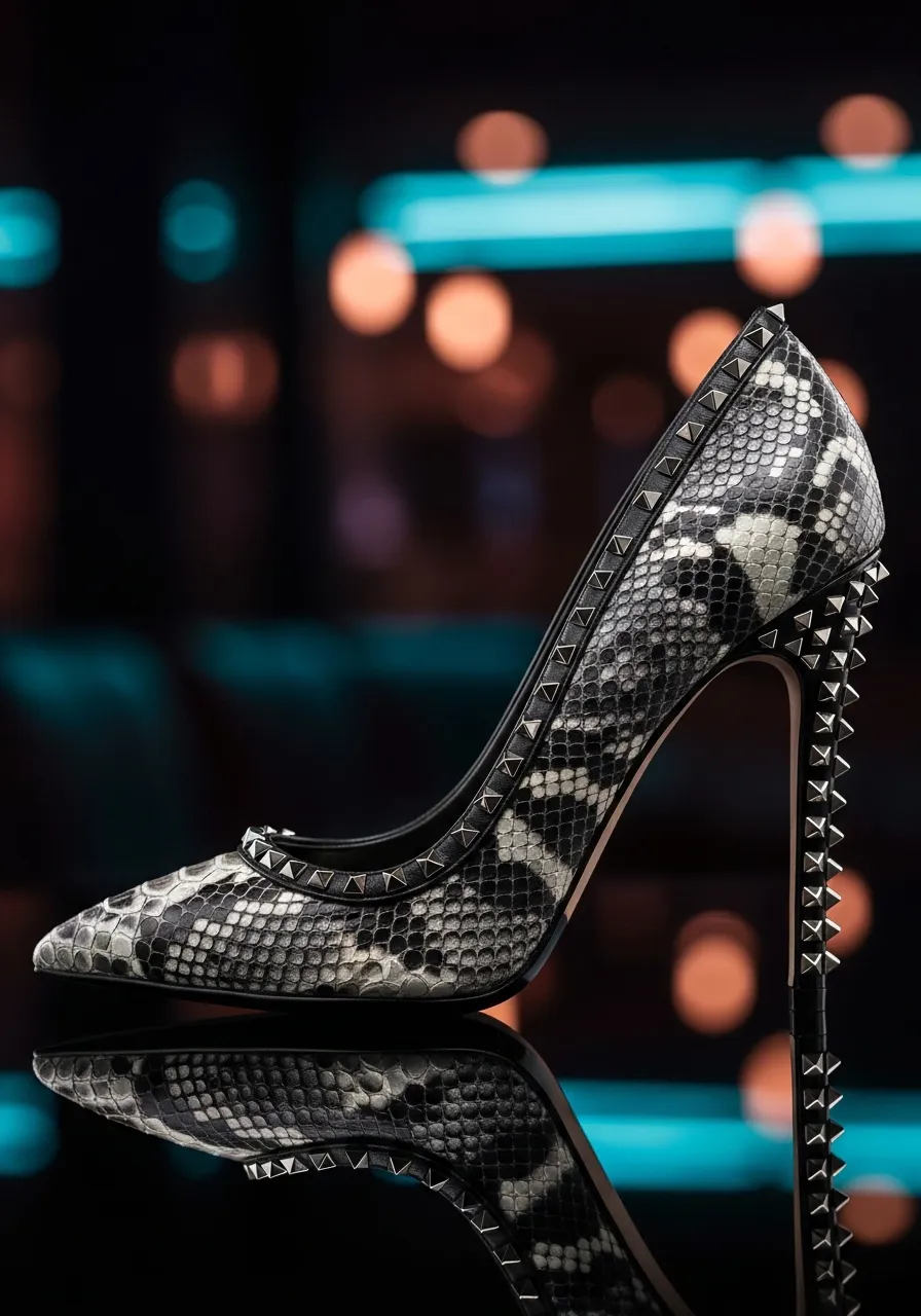 Python Edge: Yılan Derisi Desenli ve Trok Detaylı Kadın Stiletto