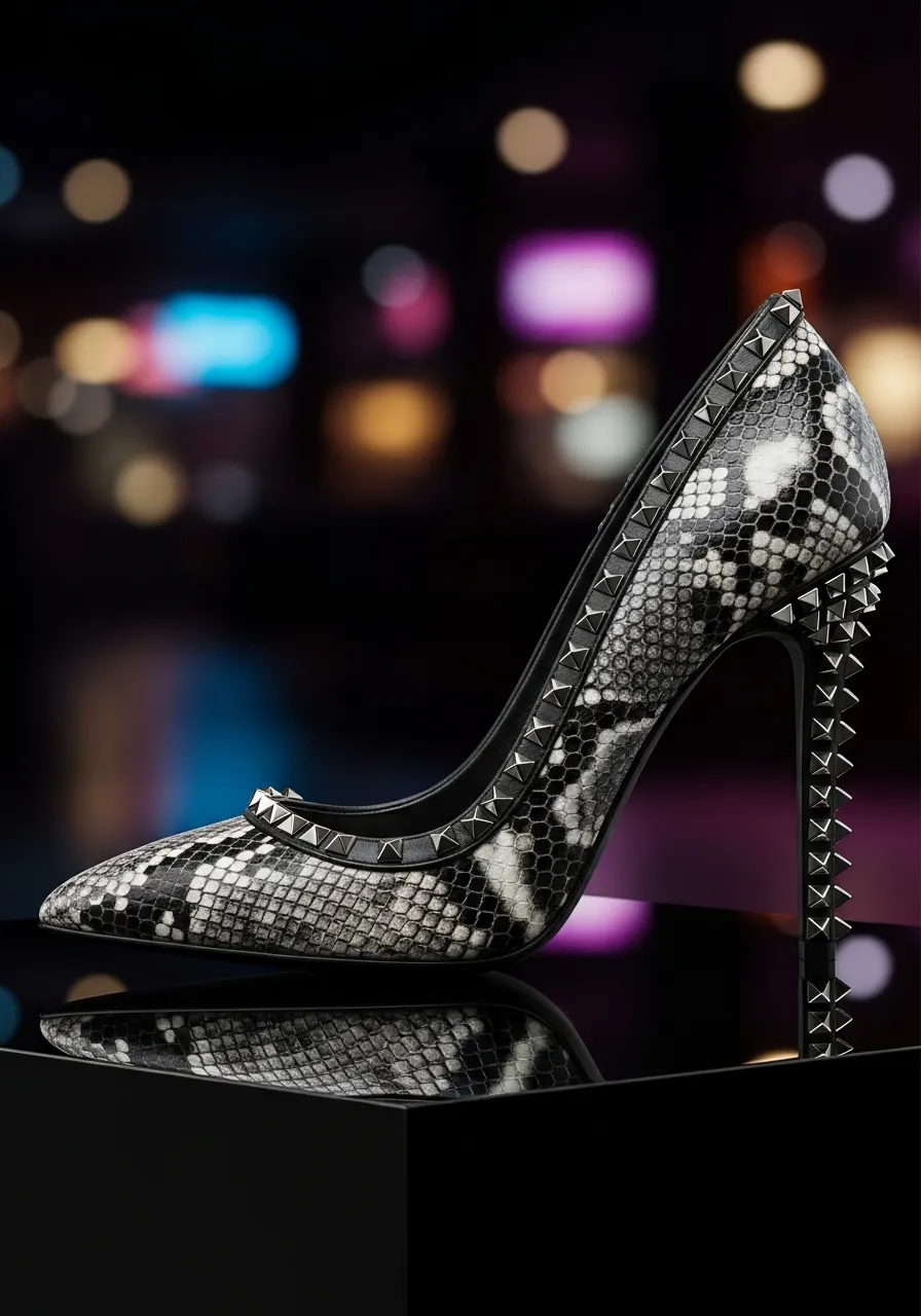 Python Edge: Yılan Derisi Desenli ve Trok Detaylı Kadın Stiletto