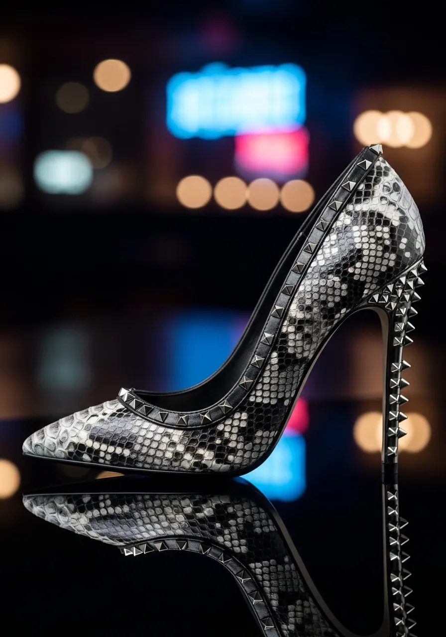 Python Edge: Yılan Derisi Desenli ve Trok Detaylı Kadın Stiletto